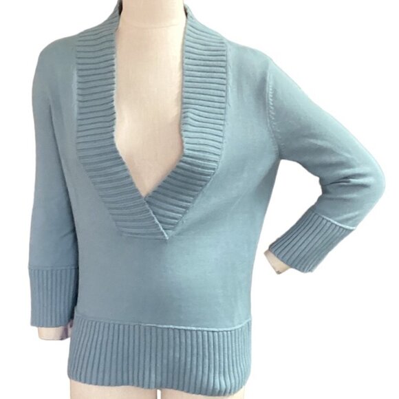 AK Anne Klein Cotton Nylon Angora Pullover Deep V Sweater S Blue 145F - Picture 1 of 6